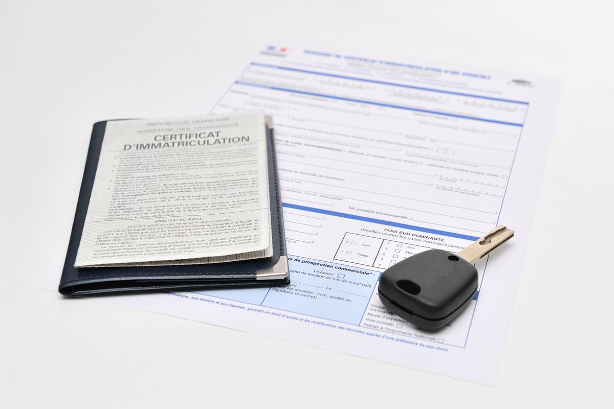 certificat d'immatriculation posé sur un formulaire avec une clé de véhicule 